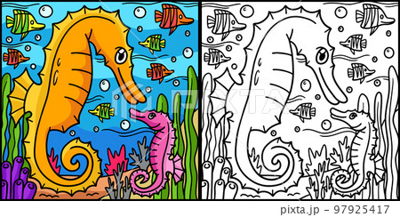 Sea horse coloring page colored illustration