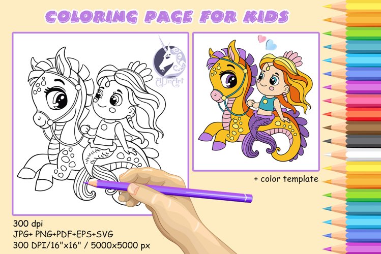 Cute mermaid on a seahorse coloring page for kids