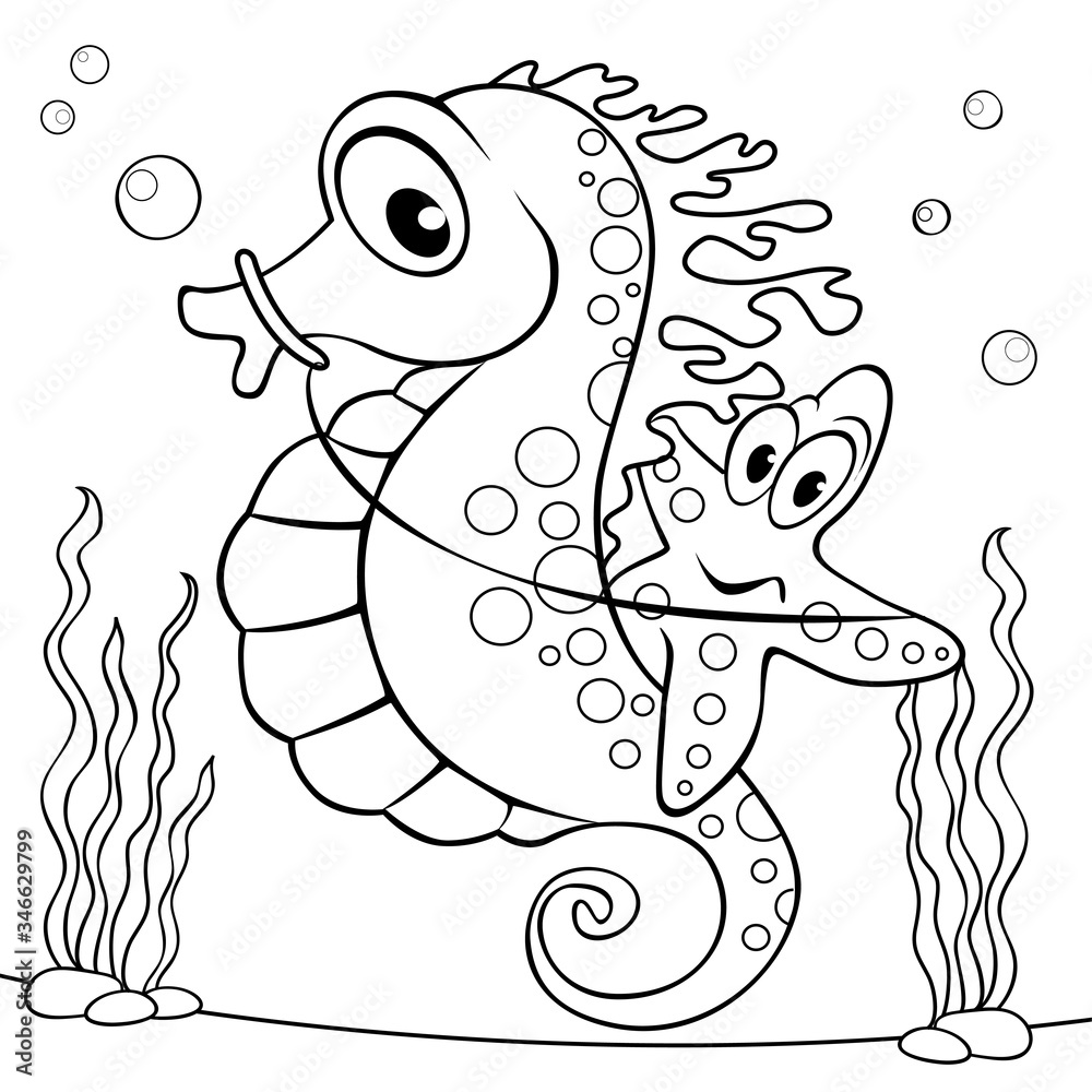 Cute cartoon starfish sitting on the seahorse black and white vector illustration for coloring book vector