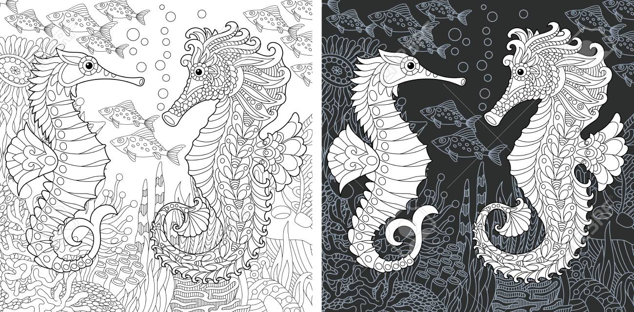 Coloring page coloring book colouring picture with sea horses drawn in hand draw style antistress freehand sketch drawing vector illustration royalty free svg cliparts vectors and stock illustration image