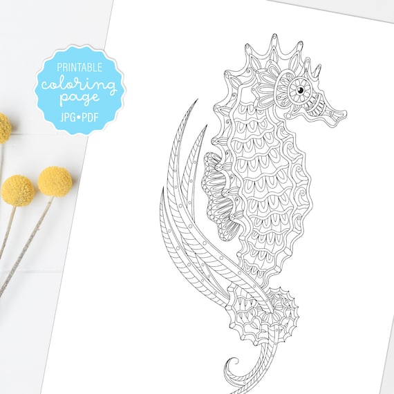 Tropical seahorse coloring page seahorse pattern adult coloring sheet tropical printable or digital