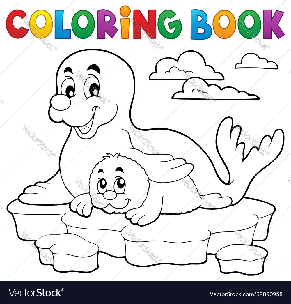 Coloring book happy seal with pup royalty free vector image