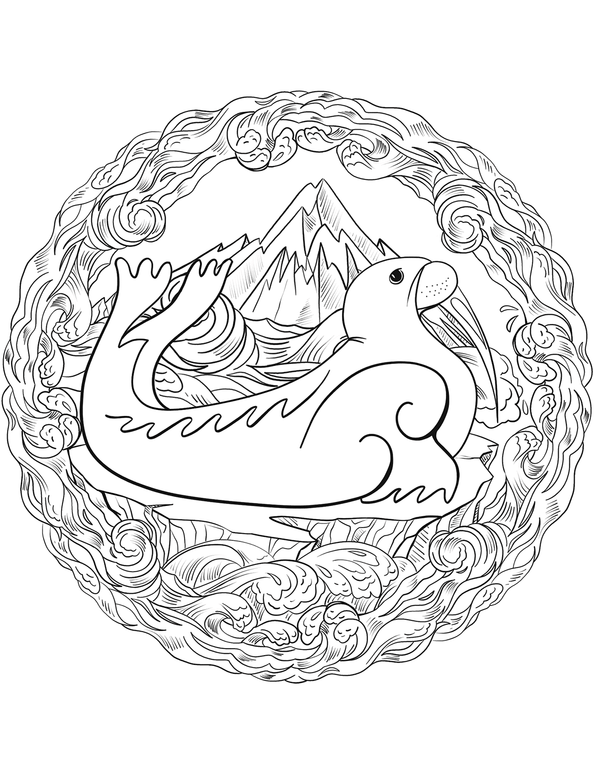 Beautiful mandala with a seal coloring page