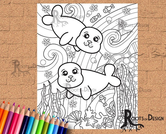 Instant download coloring page cute seal page print doodle art printable