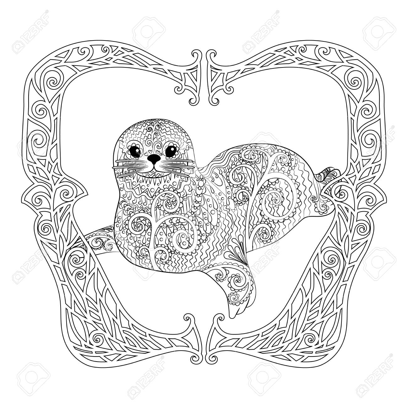 Hand drawn isolated illustration of a baby seal in the tracery style adult coloring page with cute belek vector illustration royalty free svg cliparts vectors and stock illustration image