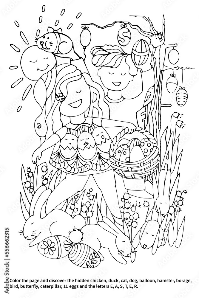 Coloring page with game find hidden objects egg hunt kids search and find easter eggs boy and girl bunnies in grass puzzle for kids easter game hand drawn vector illustration vector