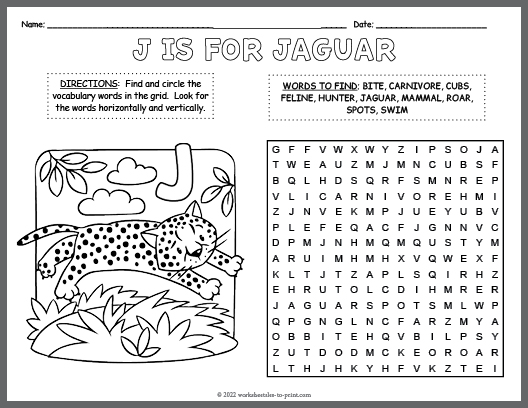 Jaguar word search coloring page