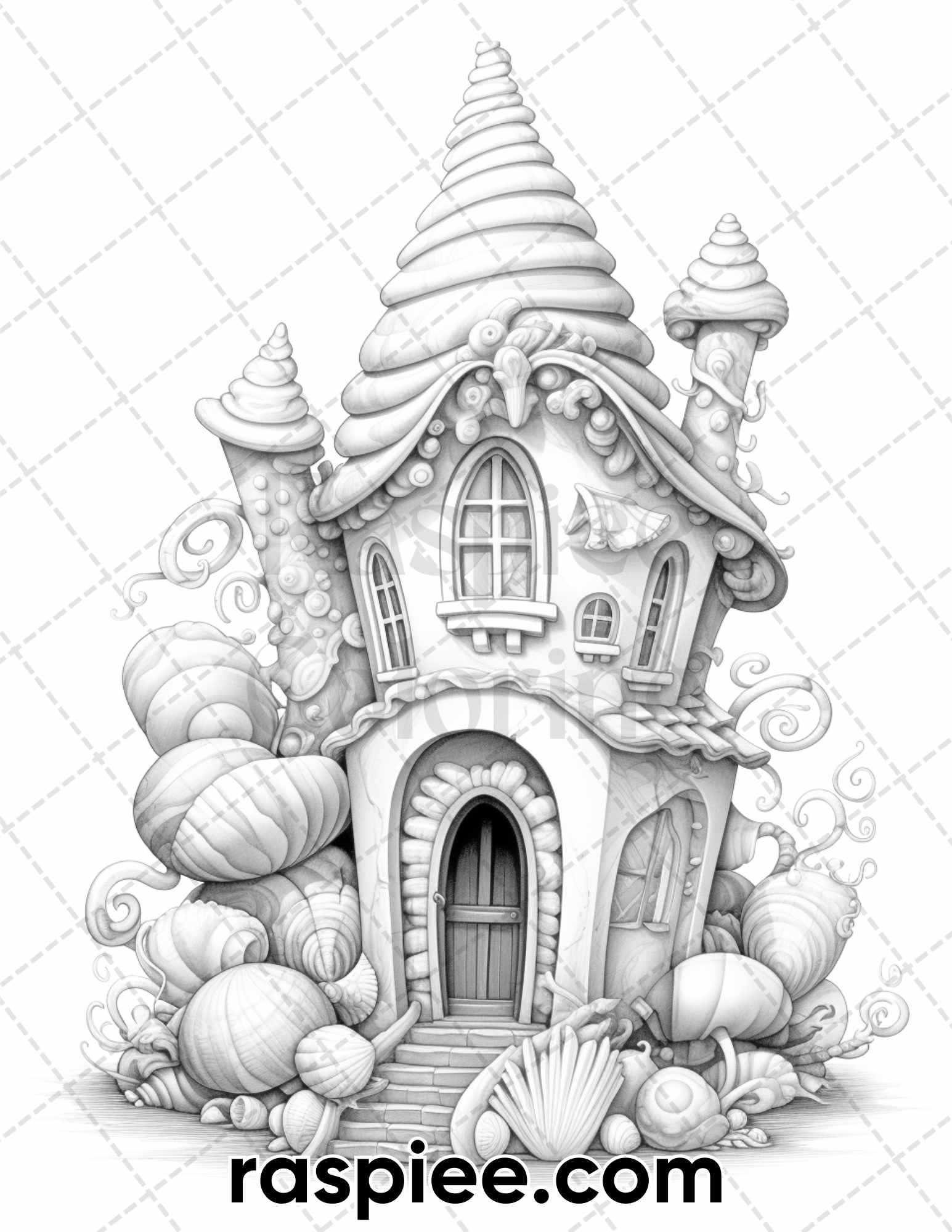 Seashell houses grayscale adult coloring pages printable pdf insta â coloring