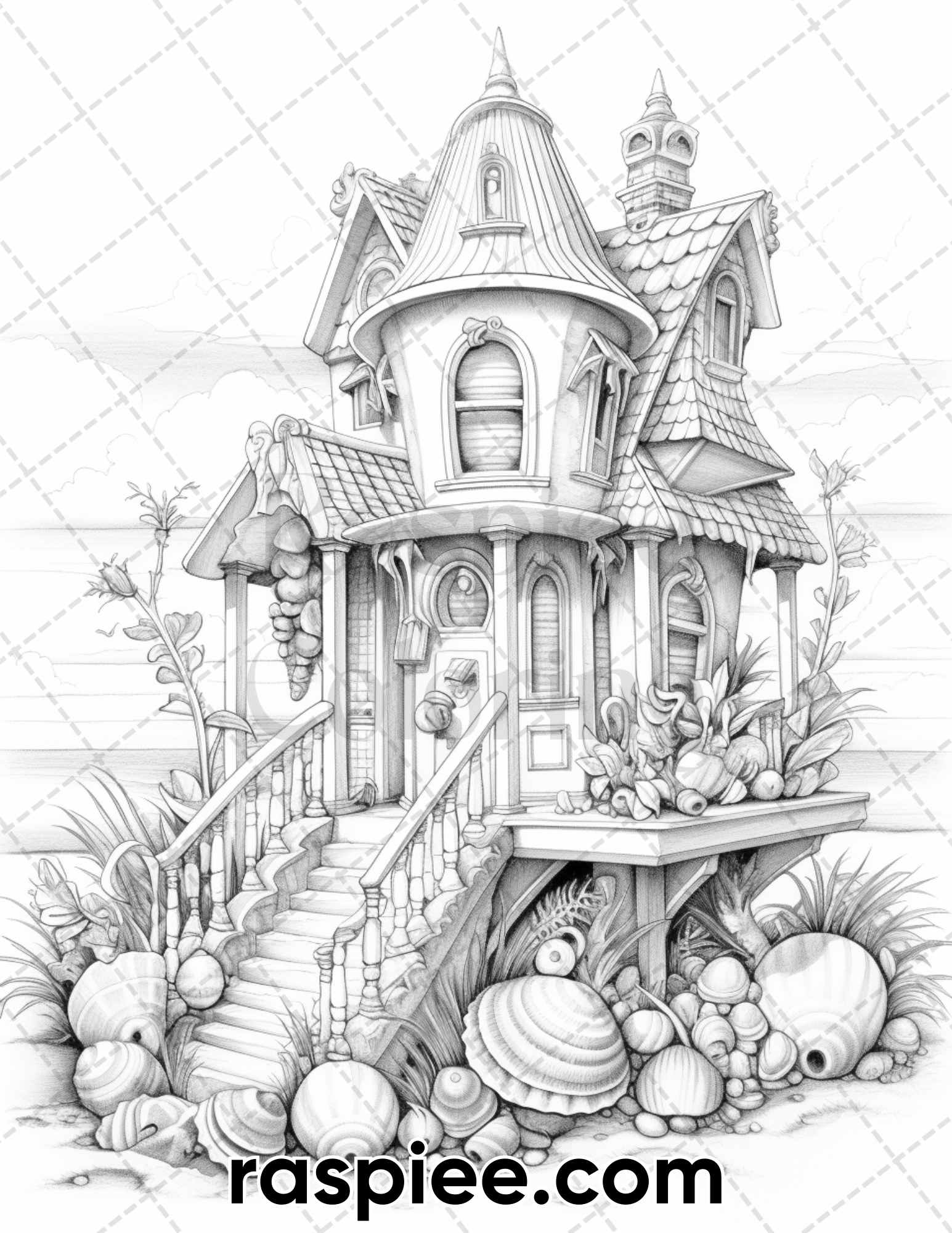 Seashell houses grayscale adult coloring pages printable pdf insta â coloring