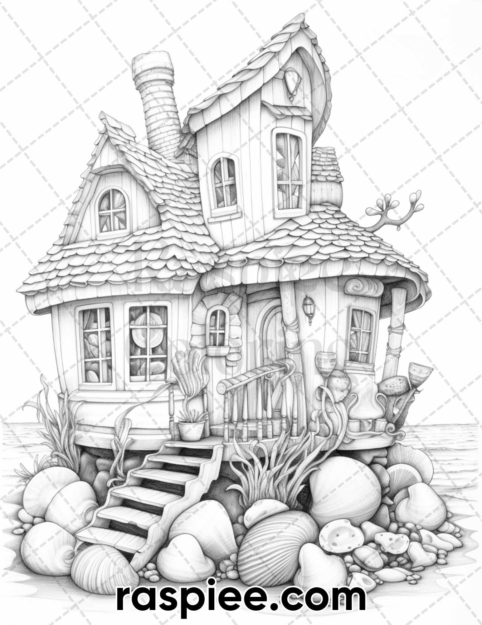 Seashell houses grayscale adult coloring pages printable pdf insta â coloring