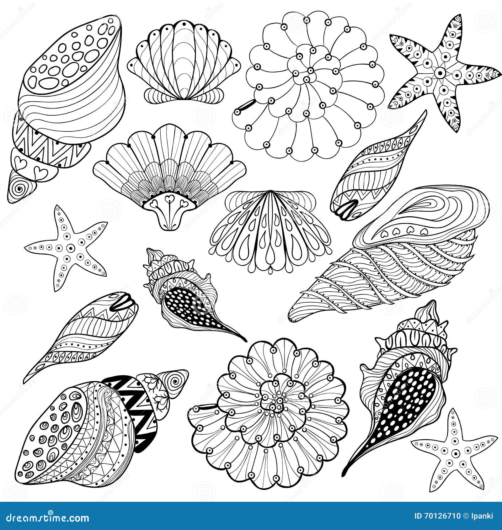 Vector set shells zentangle seashells for adult anti stress col stock vector