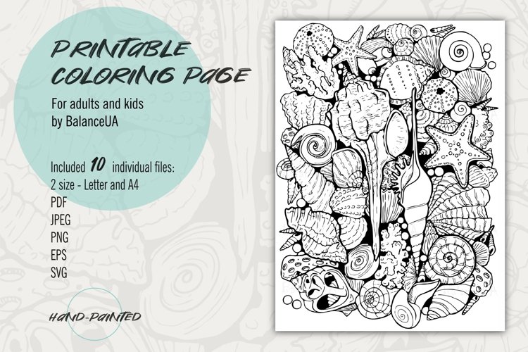 Coloring page with seashells for adults and kids