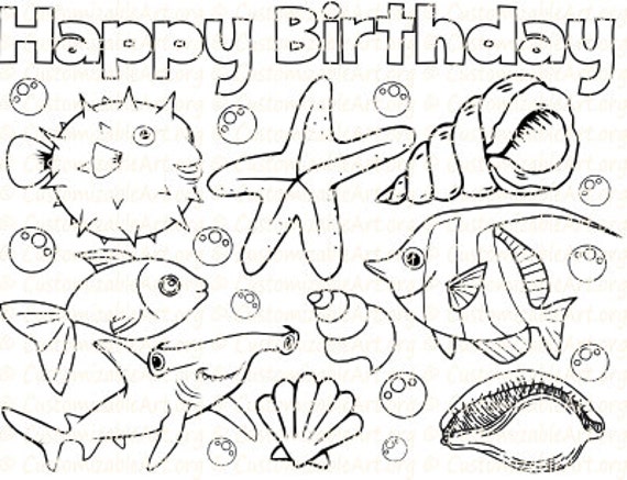 Under the sea party favor printable fish starfish seashell shell coloring page sheet under the sea birthday beach party theme idea digital