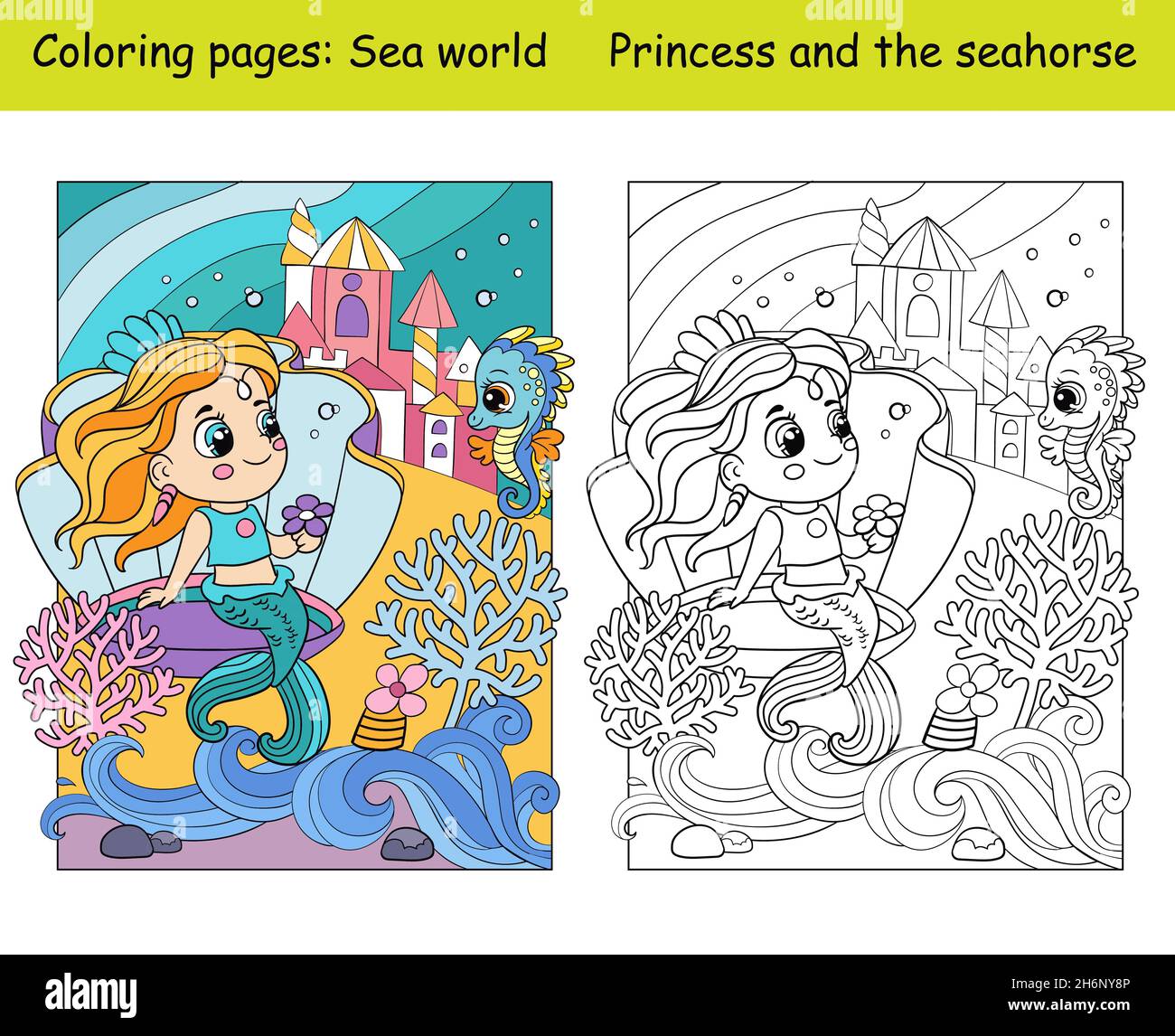 Beauty cute mermaid in a seashell coloring book page for children with colorful template vector cartoon illustration for education print game de stock vector image art