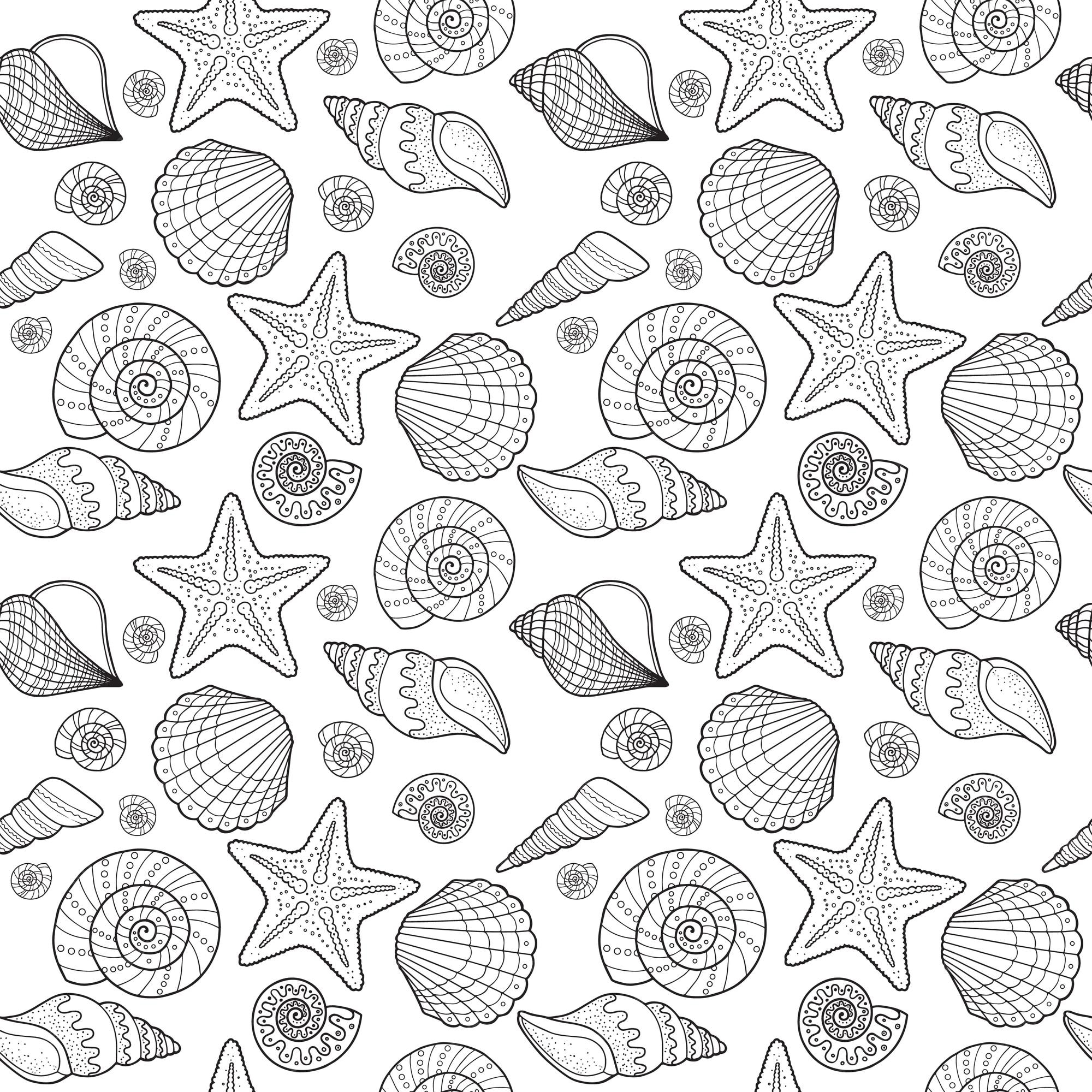 Premium vector vector black and white seamless pattern with sea shell and starfish background coloring page book for adults and children