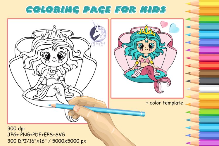 Cute mermaid in seashell coloring page for kids