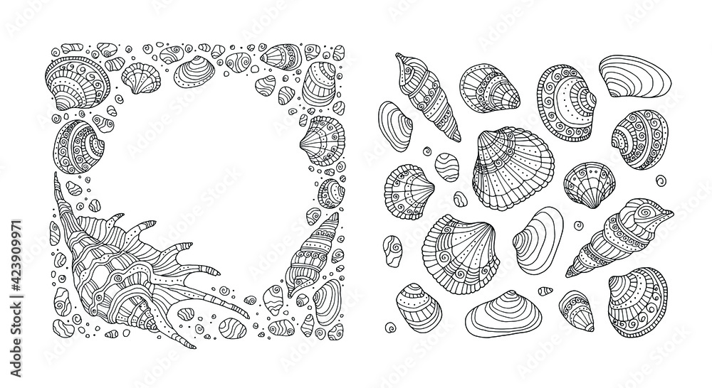 Sea shell border seashell pattern clipart vector illustration zentangle zen art coloring book page for adult hand drawn artwork black and white bohemian ethnic concept vector