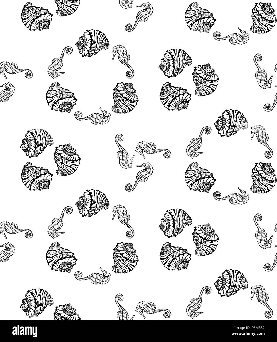 Vector seamless pattern of black seashell and seahorse on white background coloring page book of sea shell and seahorse stock vector image art