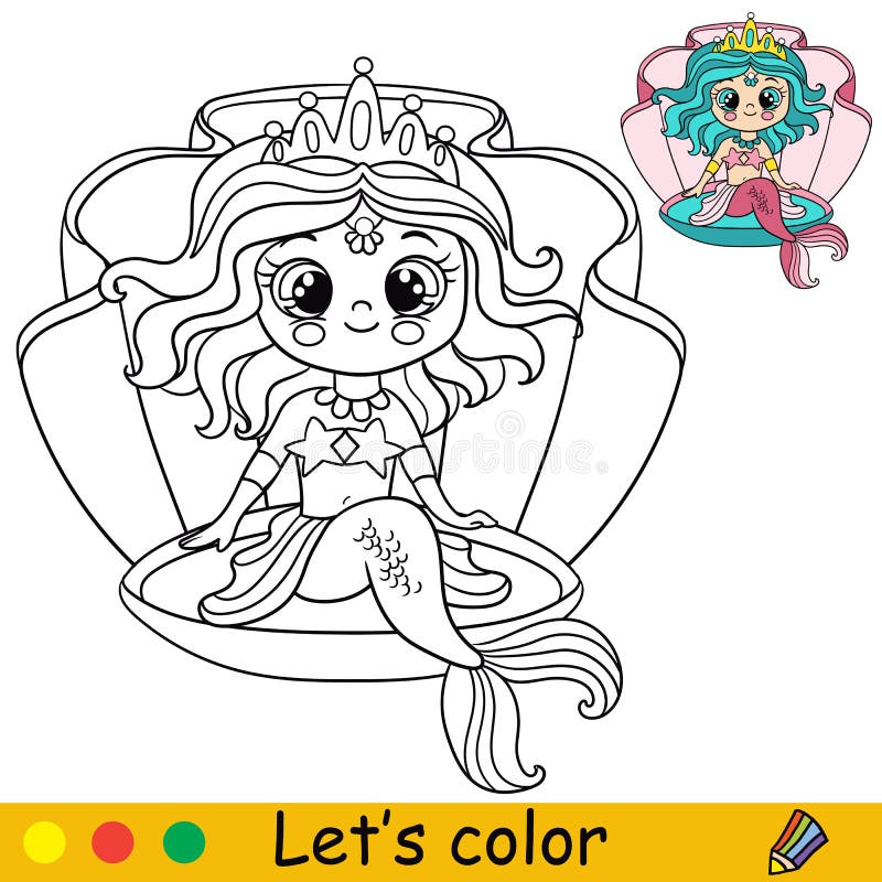 Cartoon cute mermaid sitting in the seashell coloring stock vector