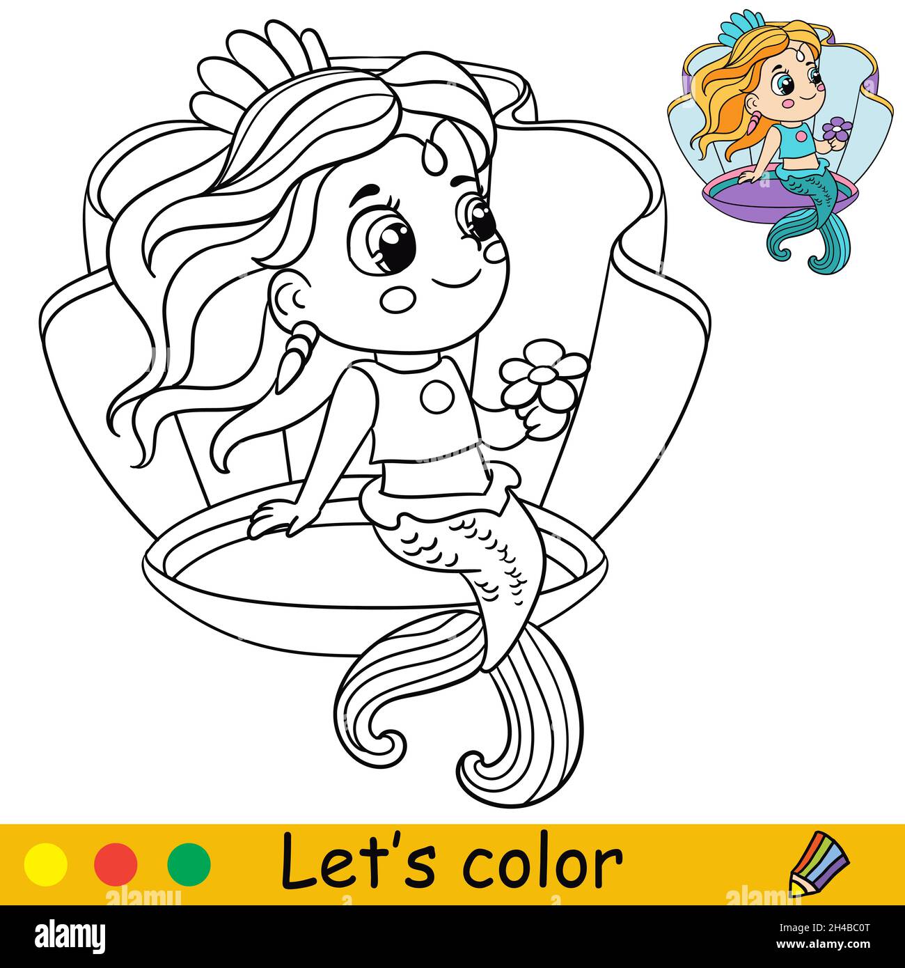 Cute cartoon princess mermaid sitting in the seashell coloring page and colorful template for preschool and school kids education vector illustratio stock vector image art