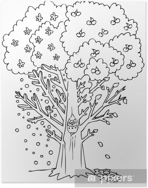 Poster coloring four seasons tree