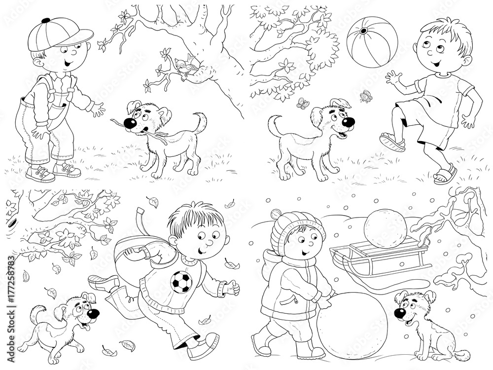 Four seasons coloring page poster a cute boy and his puppy funny cartoon characters illustration