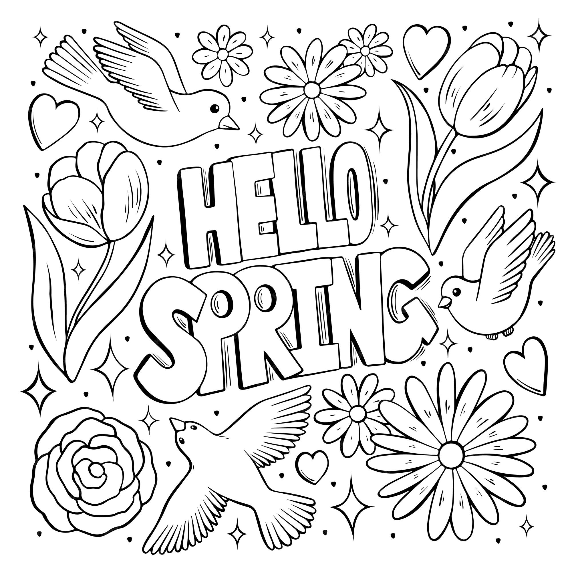 Premium vector hello spring season lettering with flowers and birds for greeting card poster invitation template line art for coloring book page