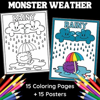 Monster weather seasons coloring pages matching posters by teachers helper