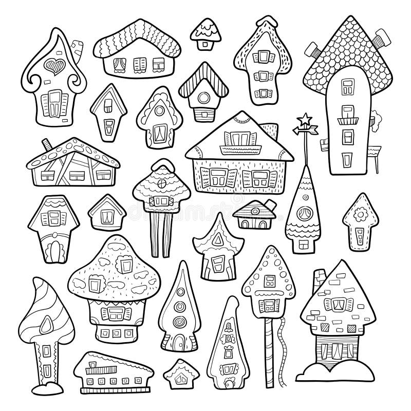 Doodle house vector illustration winter seasonal coloring page kids nursery poster stock vector