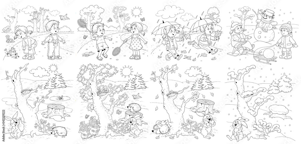 Four seasons spring summer autumn winter set of pictures cute boy and girl are playing outdoors in the forest coloring book poster illustration for children cartoon characters illustration