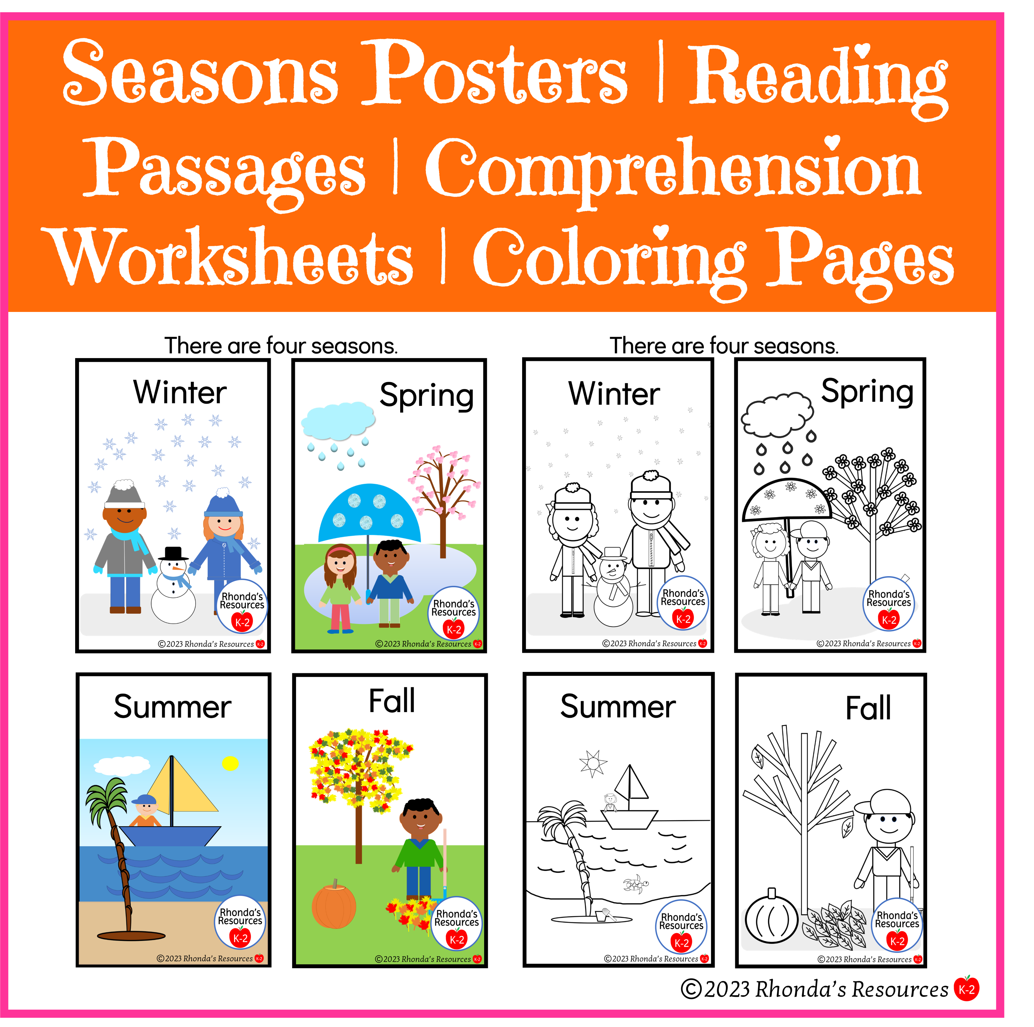 Seasons posters reading passages prehension questions coloring pages writing prompts made by teachers