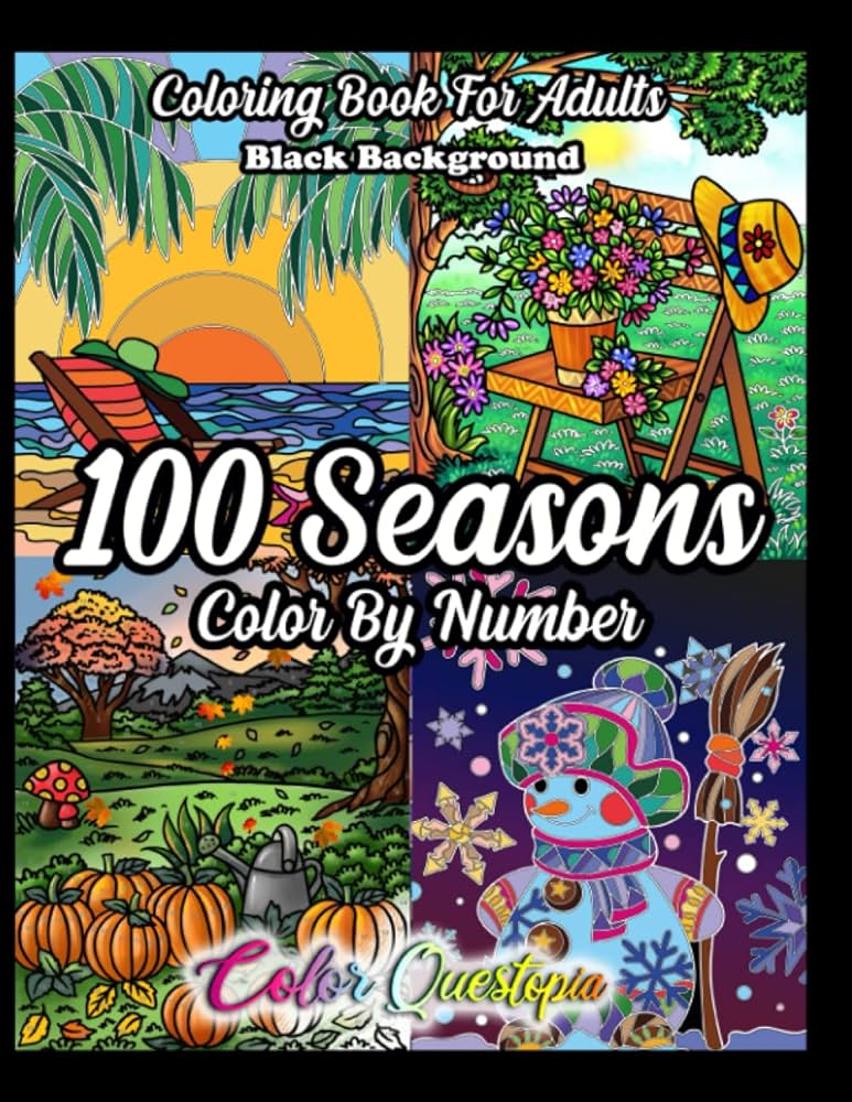 Seasons color by number coloring book for adults black background seasonal pattern numbered designs for relaxation color by number for adults color questopia books