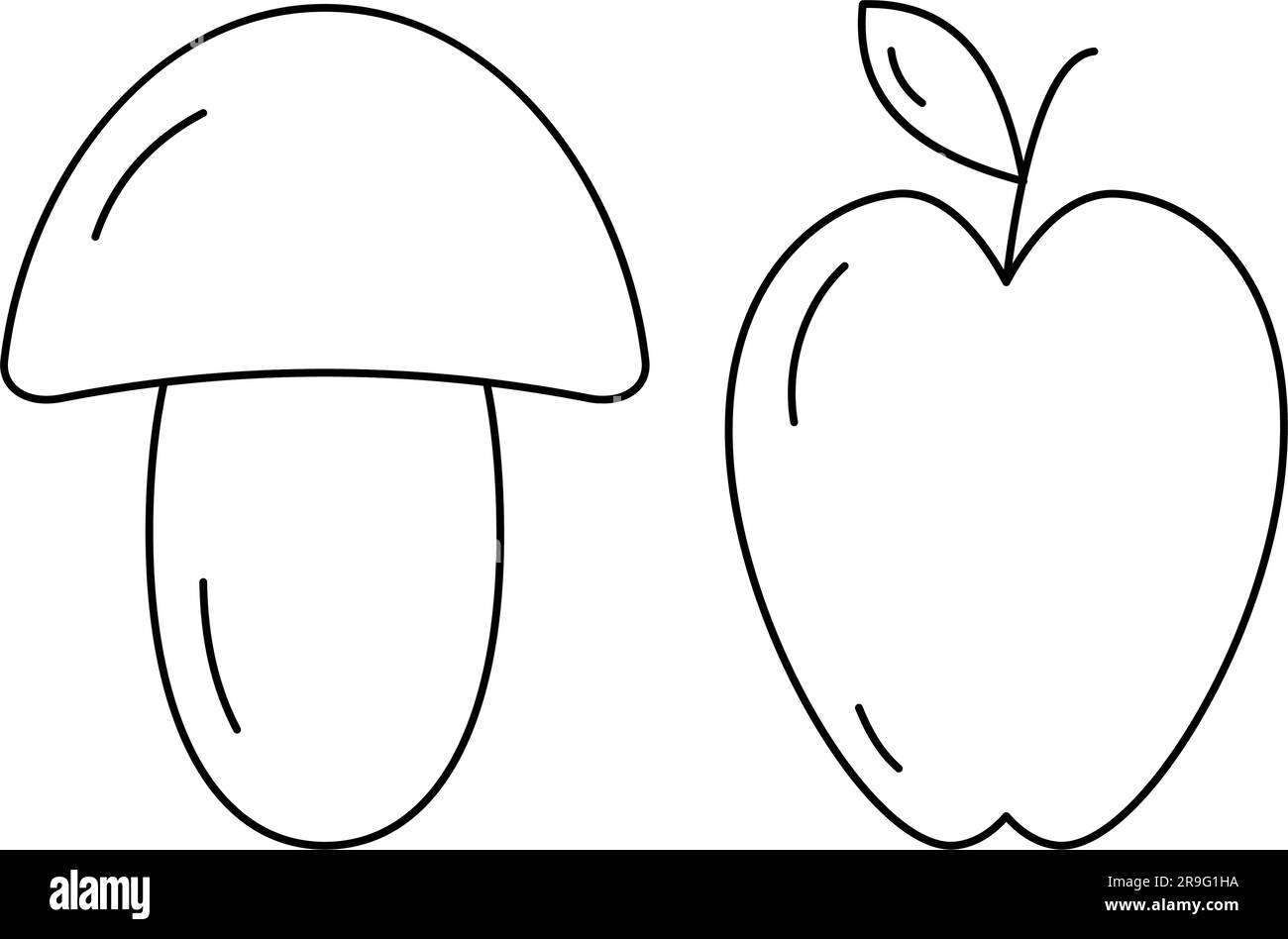 Set of contour drawing seasonal fruit mushroom and apple with leave thanksgiving day vector eps isolate page of coloring book design for poster coloring page banner or card price or label