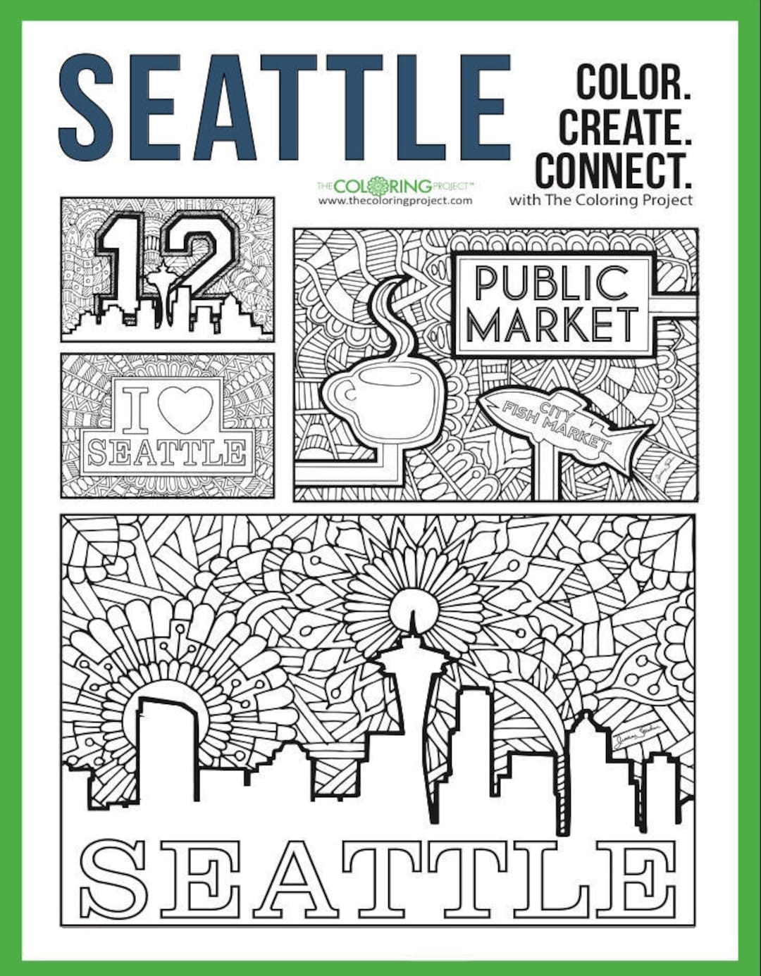 Tcp seattle digital download coloring set of printable skyline seahawks art hand