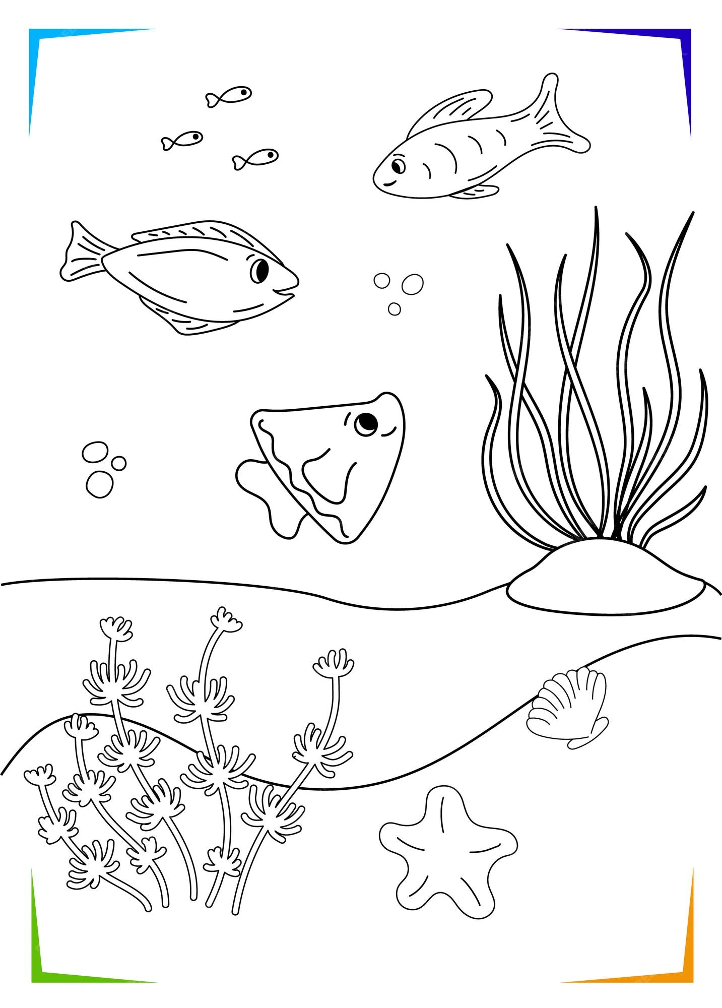 Premium vector black and white seaweed fish starfish coloring page for kids marine underwater inhabitants vector illustration printable for kids worksheet for children coloring book black outlines sea life