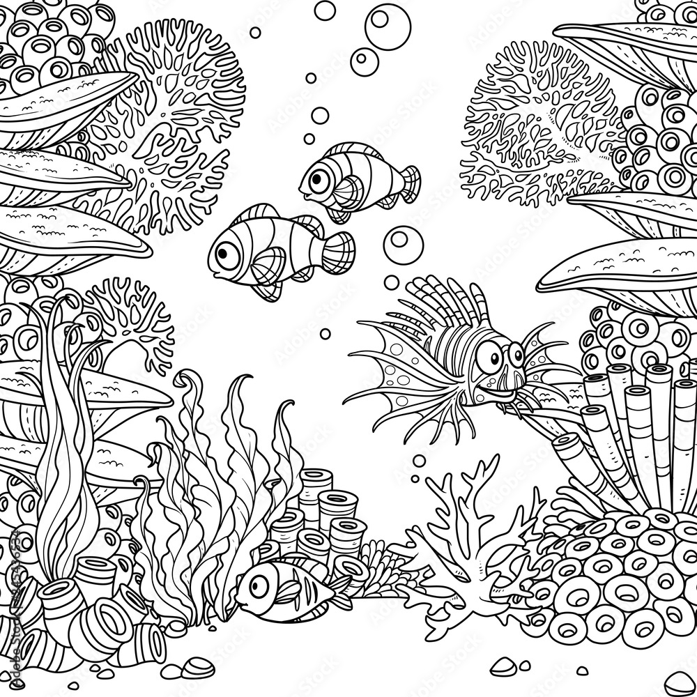 Underwater world with corals seaweed and fishes coloring page isolated on white background vector