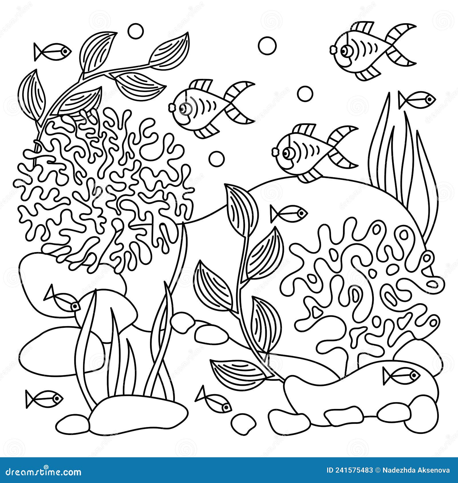 Underwater coloring book page for adult and older children fish and coralalgae seaweed under sea world stock vector