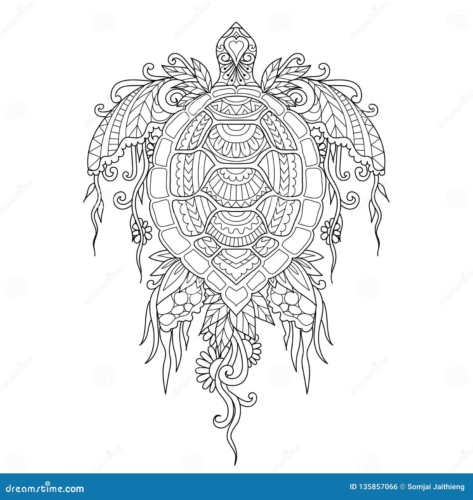 Beautiful turtle with corals and seaweed on body for design element and coloring bookcoloring page or colouring picture vector i stock vector