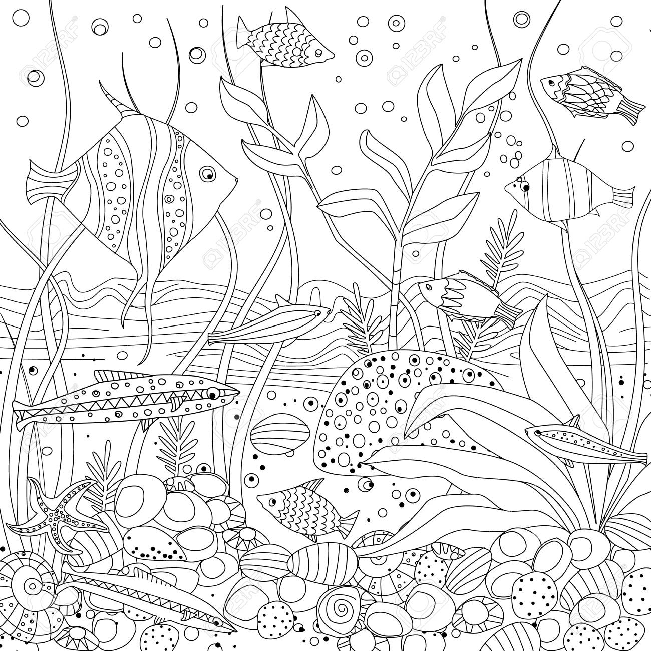 Cozy fish tank with seaweed and rock stones for your coloring book royalty free svg cliparts vectors and stock illustration image