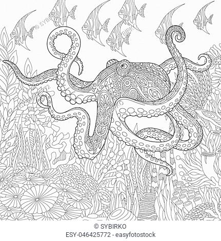 Coloring page of coral reef octopus tropical fish underwater seaweed and corals stock vector vector and low budget royalty free image pic esy