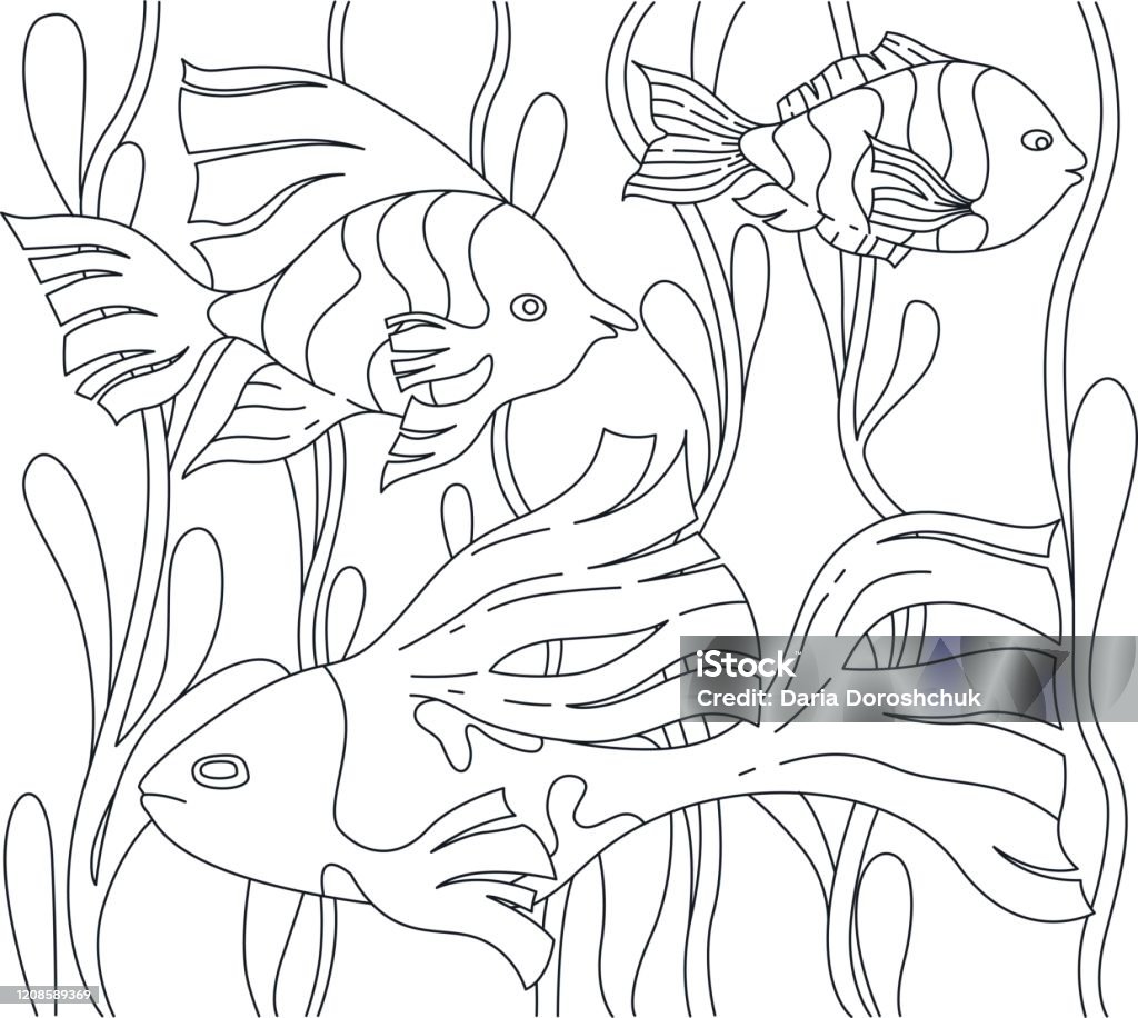 Page for colouring book with fish and seaweed stock illustration