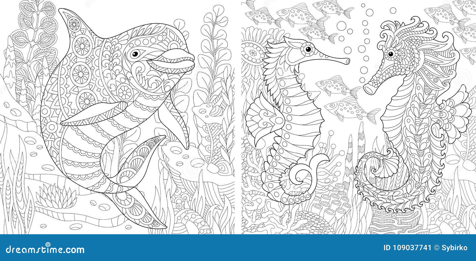 Zentangle dolphin and seahorse set stock vector