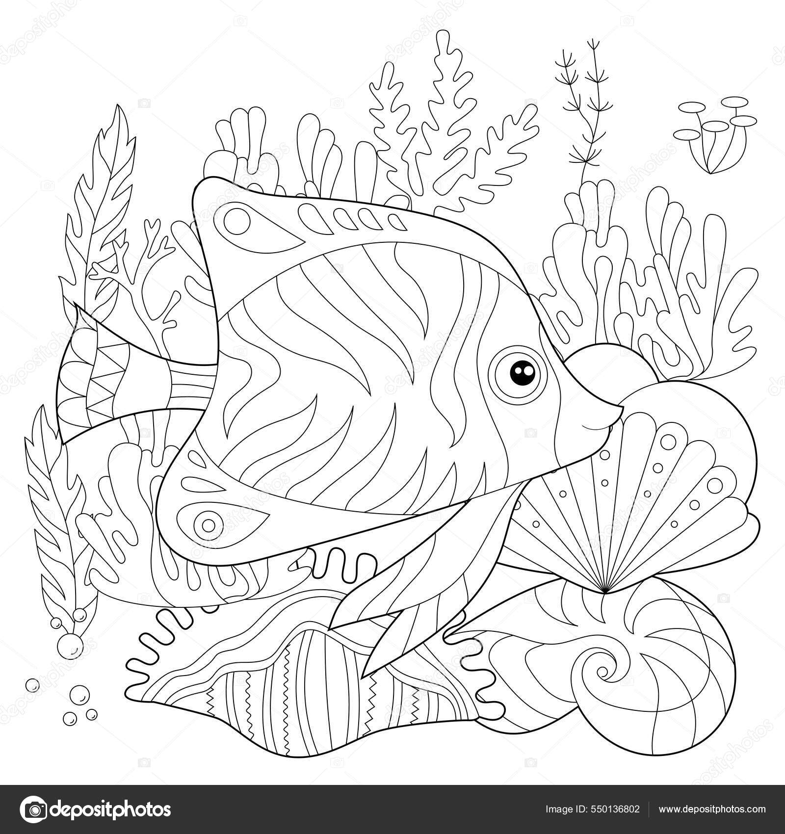 Contour linear illustration fish seaweeds ocean corals coloring book cute stock vector by nurrka