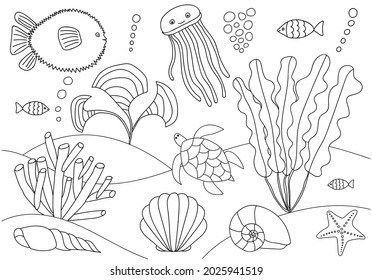 Coloring page sea animals underwater world stock vector royalty free