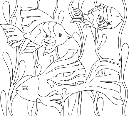 Page for colouring book with fish and seaweed stock illustration