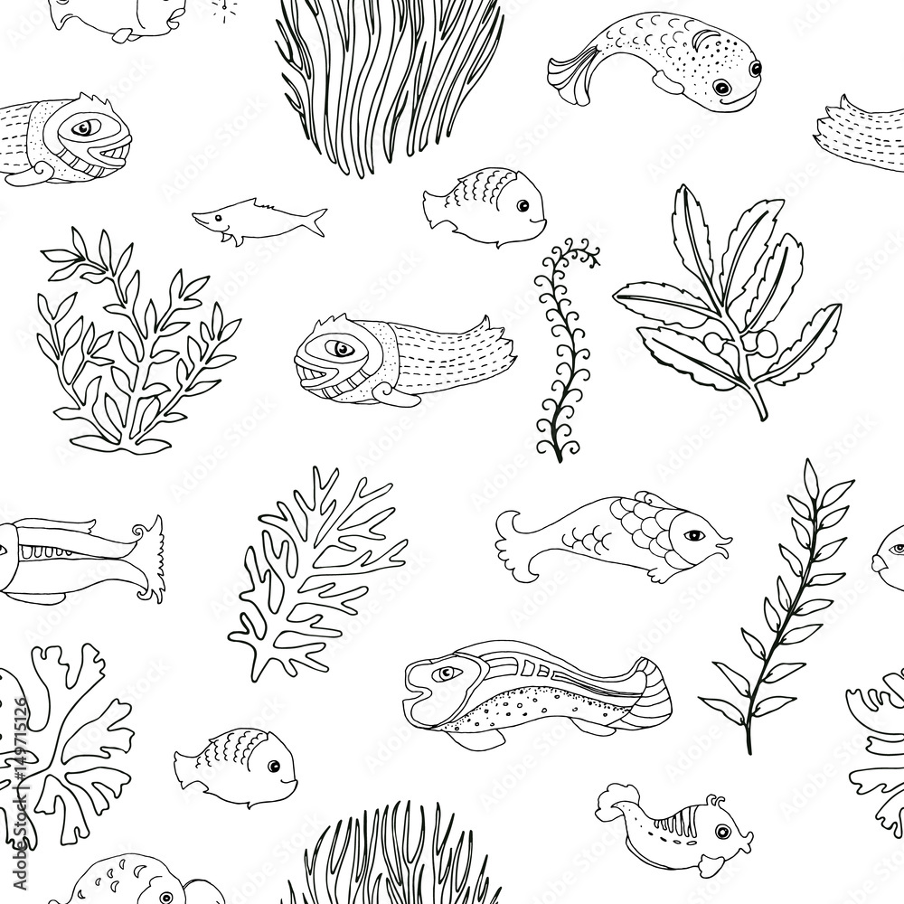 Seamless pattern with doodle fish and seaweed coloring page for adults vector