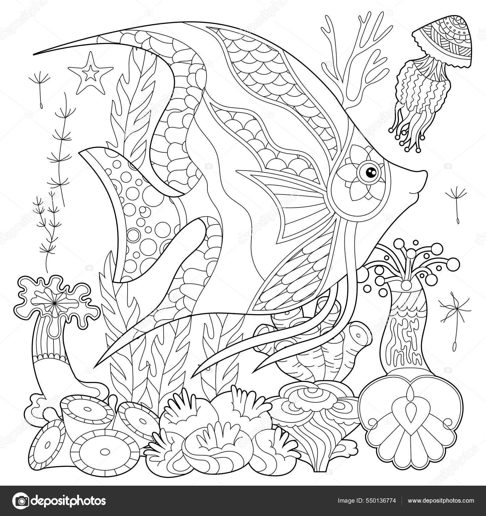 Contour linear illustration fish seaweeds ocean corals coloring book cute stock vector by nurrka