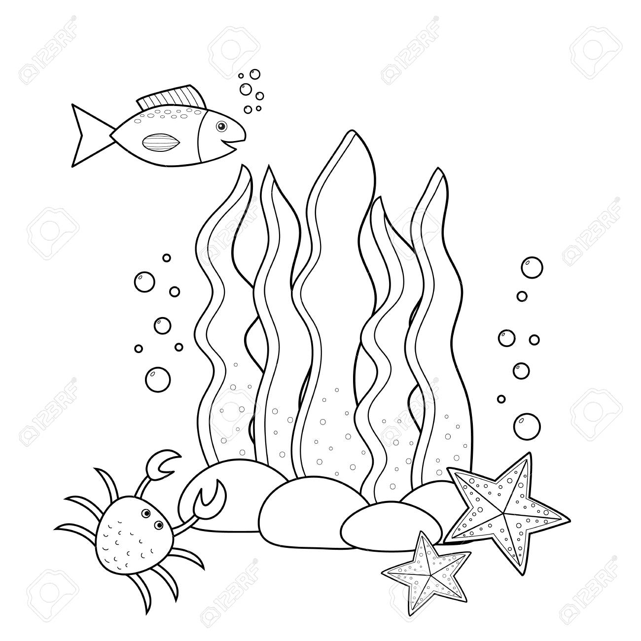 Coloring page for kids underwater seaweeds and fish starfish and crab vector illustration royalty free svg cliparts vectors and stock illustration image