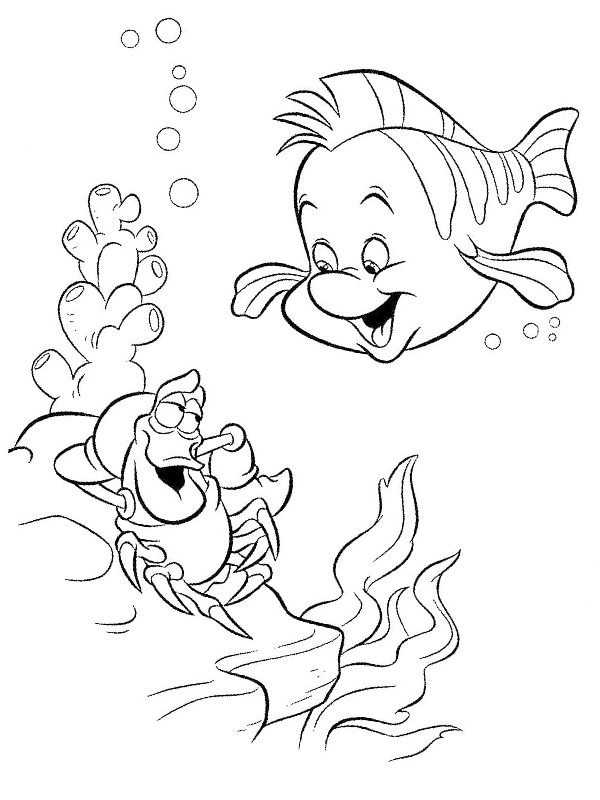 Crab sebastian and fish flounder coloring page