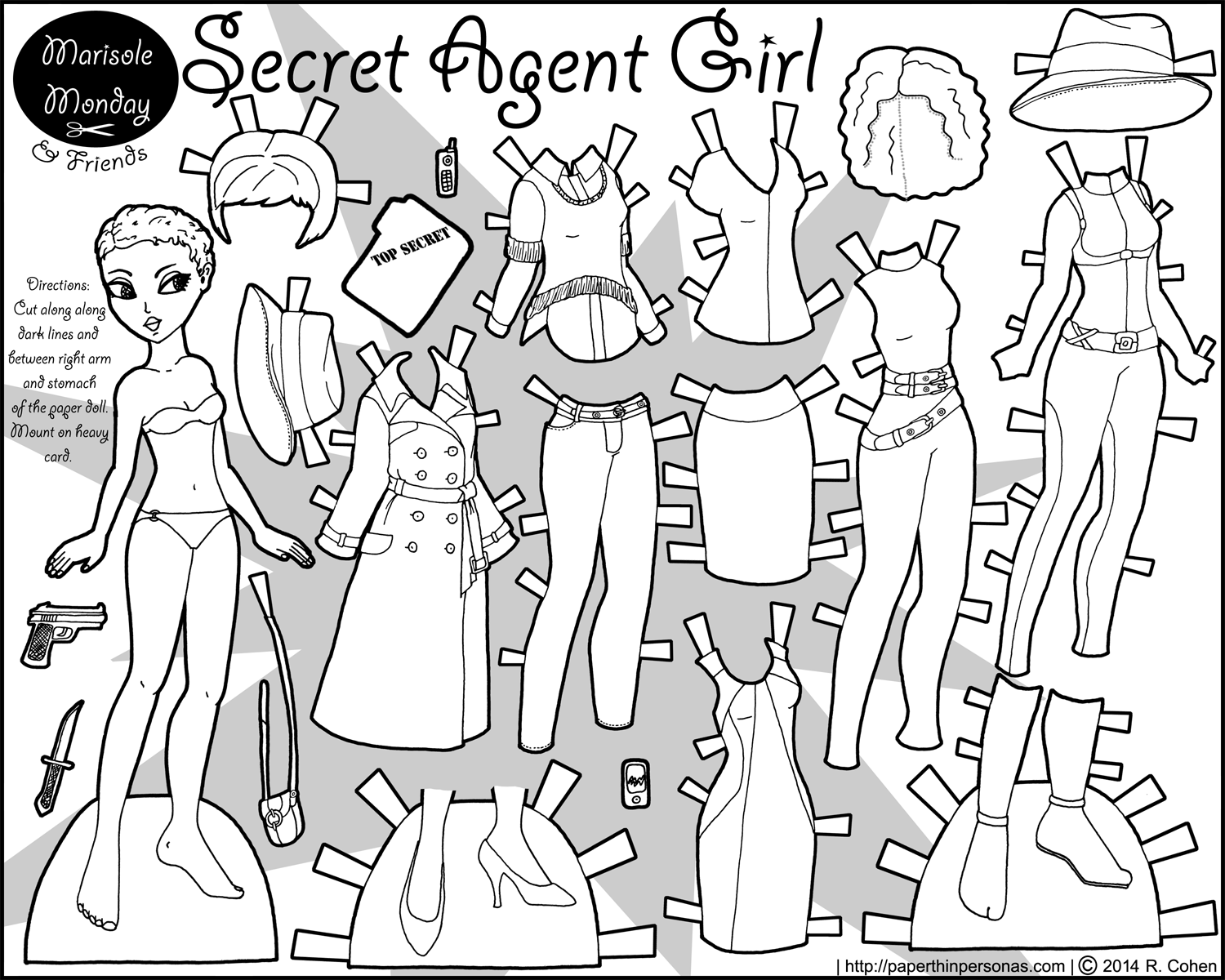 Secret agent girl black and white paper doll â paper thin personas